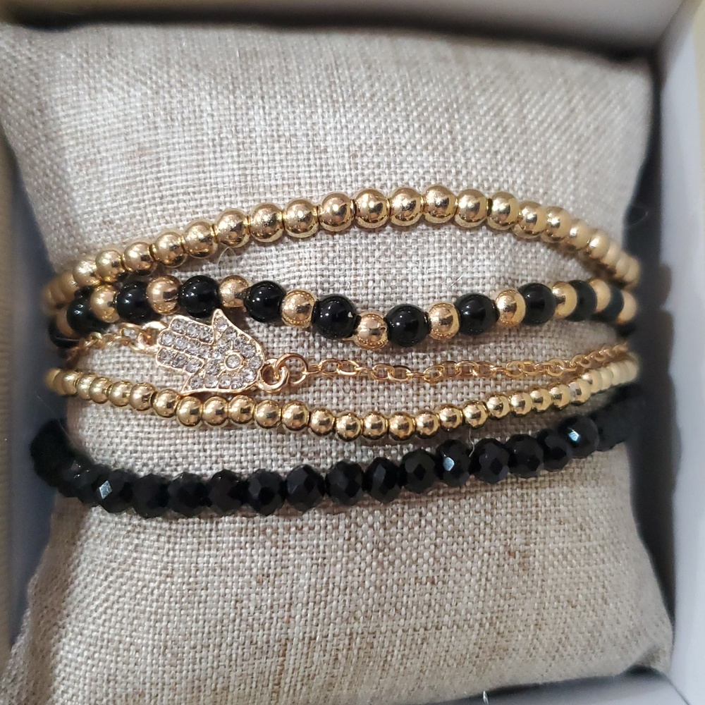 5piece gold plated black onyx beaded pave‎ hamsa hand layered stretchy bracelet